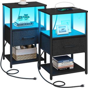 TUTOTAK LED Nightstand Set of 2, Night Stand with Charging Station, End Table, Bedside Table with Fabric Drawer, Side Table for Livingroom and Bedroom, Black TB01BK0692L