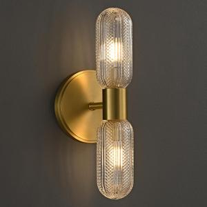Brushed Brass Wall Sconces,12.3in Bathroom Knurled Double Glass Sconces Wall Lighting, 2-Light Vanity Light Gold Sconce, Wall Lights for Living Room Bedroom Hallway Bathroom Mirror, Entrance
