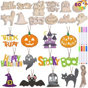 JOYIN 60 Pcs Halloween Craft Wooden Painting Kit, Halloween Party Supplies, Party Favors for Kids, Wood Blank Cutouts Ornaments, Gift Tags Decor for School Art DIY Activities Goodies Games