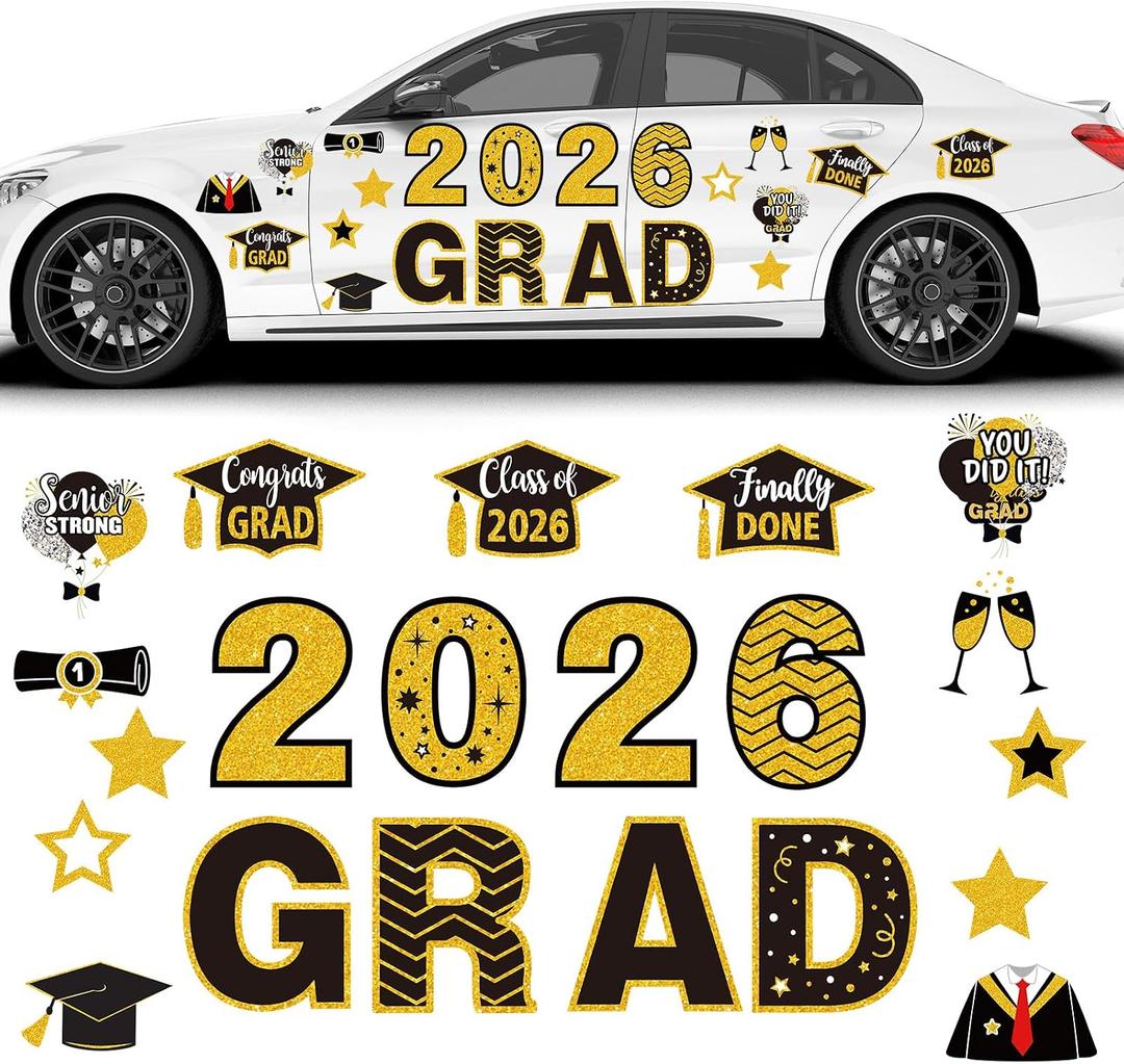 Ferraycle 21 Pcs Graduation Magnets 2026 Cruise Door Car Magnets Black Gold Congrats Grad Cap Magnetic Decorations for Refrigerator Garage Cruise Door Party Stickers