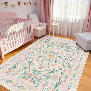 5x8 Pink Floral Nursery Rug  Washable Non-Slip Soft Carpet, Cute Boho Area Rug for Girls Bedroom, Kids Room or Playroom