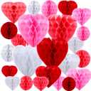48 Pcs Valentine's Day Paper Heart Shaped Honeycomb Party Decorations Red Pink White Round Heart Tissue Paper Pom Poms for Birthday Wedding Decorations, 5 Size