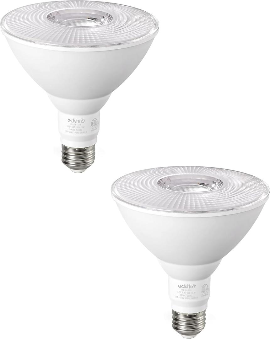 EDISHINE Flood Light Bulbs, PAR38 LED Outdoor Flood Light Bulbs, 120W Equivalent Dimmable Waterproof for Patio Yard Porch Driveway Garage, 5000K Daylight White 18W 1800LM E26 Base, 2 Pack, ETL Listed