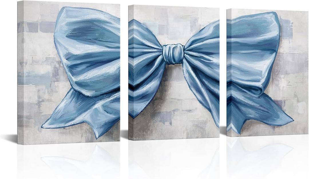 HOMEOART Bow Painting Canvas Print Bow Picture Bathroom Decor Bedroom Wall Decor 12x16inchx3Pieces Framed (Light Blue)