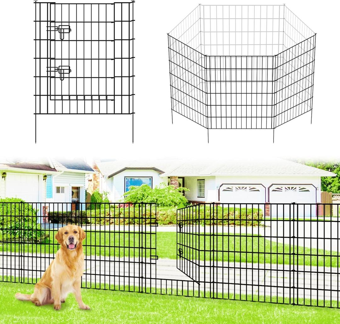 Metal Garden Fence 32 inch H x 28 inch W, 10 Panels (9 Panels + 1Gate), Total 23 ft, No Dig Fence Rustproof Animal Barrier Fencing for Dog, Rabbits, and Patio,Yard (32 H x 28 W (9 Panels + 1 Gate))