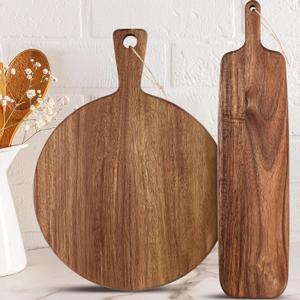 Hsei 2 Pcs Acacia Wood Cutting Board with Handle Wooden Charcuterie Board Large Paddle Carving Chopping Set Butter Serving Tray for Cheese Meat Fruit Bread (Classic Handle,16x12,19x4.7 Inch)
