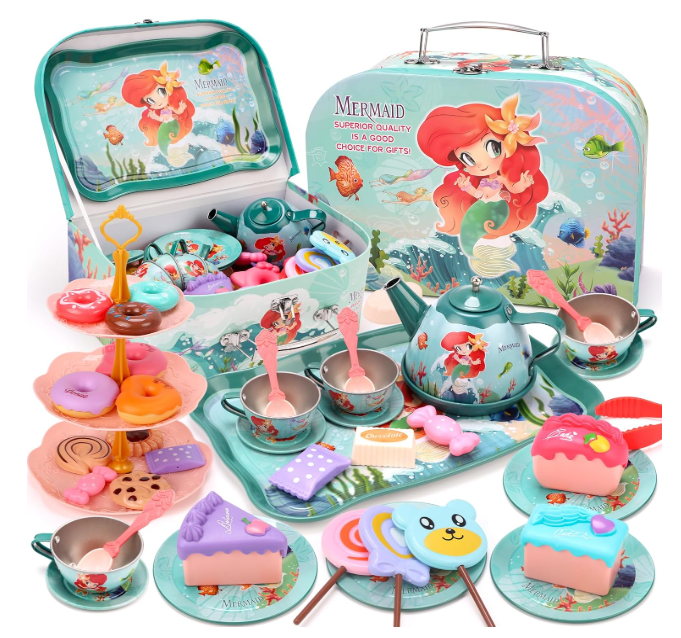 QIZEBABY - Tea Set for Girls, 45-Piece Tin Tea Set for Kids, Includes Teapots and Teacups, Plates, Cookies, Desserts and Ice Cream, Princess Play Toy, Toddler Kitchen Accessories, Gift for Children Ages 3, 4, 5, 6 (Green)