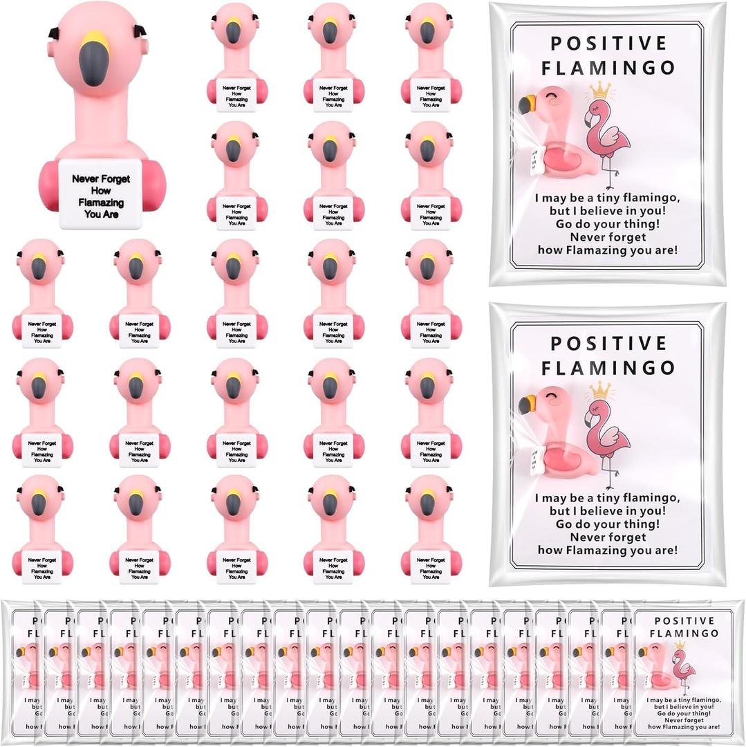 Gejoy 25 Sets Positive Mini Figurines Gifts Miniature Emotional Mini Rubber Toy with Positive Card Gift Bags Inspirational Birthday Gifts for Coworkers Employees (Flamingo)