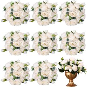 Hoteam 24 Bundles Artificial Peonies Flowers Wedding Faux Flowers Silk Peony Bouquet Bulk Bride Fake Florals Arrangements for Table Centerpieces Wedding ​Party Vase Decor (Light Pink, White)