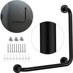 Black Angled Grab Bar 16x16 Inch, Stainless Steel Bathroom Grab Bar w/Anti-Slip Knurled Grip, Wall Mounted Bathtub Toilet Safety Handrail for Elderly Senior, L-Shaped Grab Bar for Shower