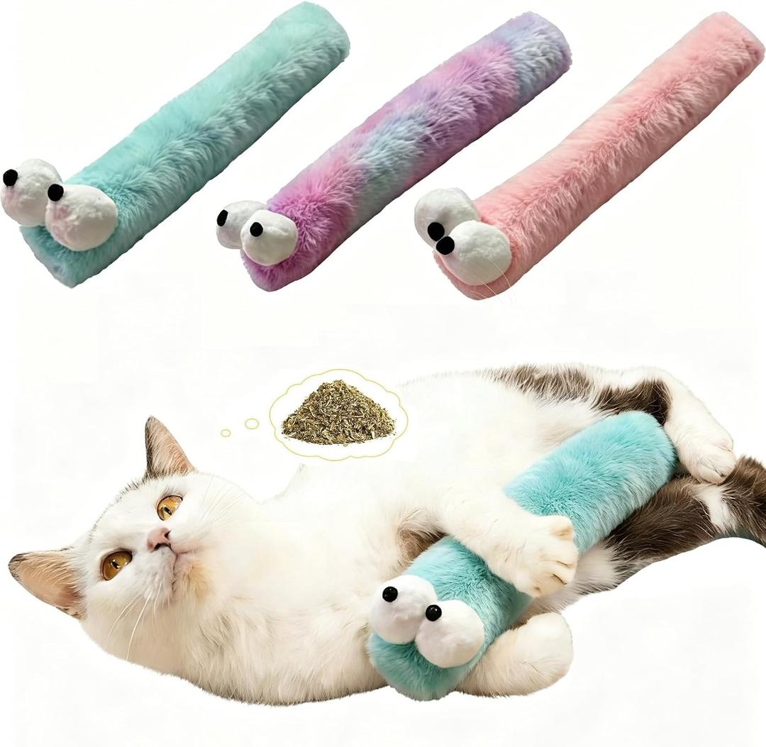 Cat Kicker Toy 3 Pack, Cute Worm Plush Cat Pillow Chew Toy with Natural Catnip & Gall Fruit for Indoor Cats, Soft Kitten Teething Toys for Biting, Kicking, Exercise & Boredom Relief