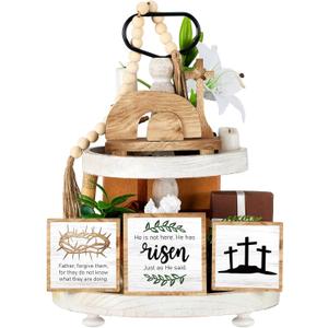 Thyle 8 Pcs Easter Empty Tomb Decor Wooden Jesus Nativity Scene Set Resurrection Religious Tiered Tray Decor He Is Risen Christian Signs for Spring Holidays Indoor Home Table Decoration