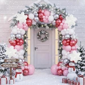 148PCS Pink Winter Balloon Arch Garland Kit with White Silver Red Snowflake Star Balloons for Winter Wonderland Girl Baby Shower, Baby Its Cold Outside Party, Christmas Decorations