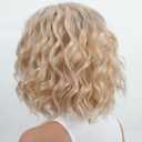 RENERSHOW Short Platinum Blonde Wave Curly Wigs for White Women Layered Ombre Light Blonde Wavy Bob Wig with Dark Roots Medium Length Puffy Synthetic Daily Party Wig