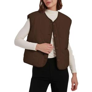 Women's Fall Quilted Puffer Vest Sleeveless Winter Reversible Sherpa Fleece Jacket Outwear with Pockets (Brown, XL)