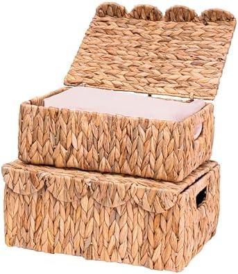 LUSYDECO Scalloped Edge Wicker Basket with Lids, Rectangle Wicker Storage Basket with Built-in Handles, Multipurpose Organizer Rattan Display Boxes for Shelf, Nursery Room, Set of 2