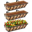 Railing Planter Boxes, Heavy Duty Window Box Planters, Adjustable Balcony Planters for Railing Hanging, with Coco Liner & Support Rod for Deck, Porch, and Patio Gardening (3 Pack, 24 Inch)