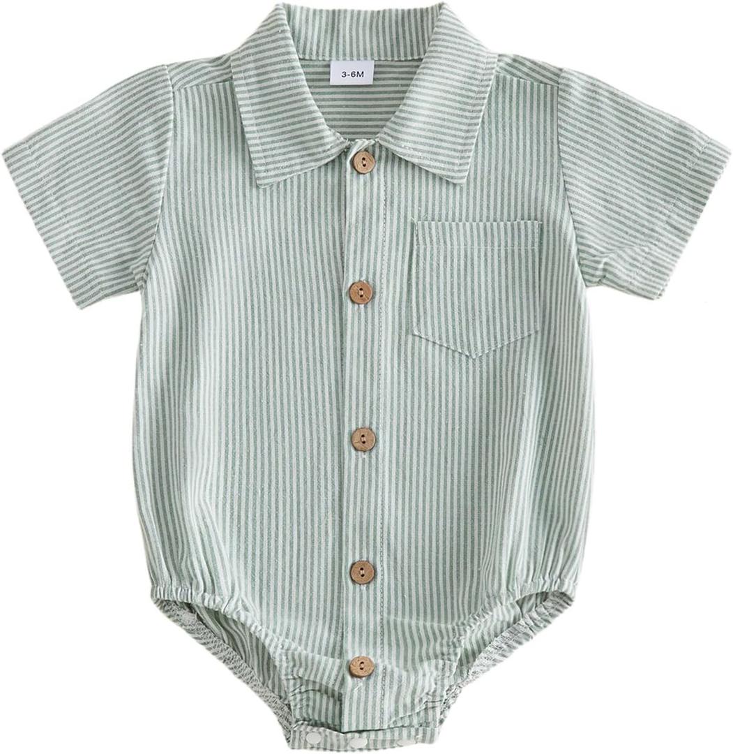 Sasaerucure Newborn Baby Boy Clothes Turndown Collar Striped Long/Short Sleeve Romper Button Up Jumpsuit Shirt Bodysuit