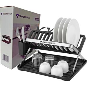 TrendTrove Foldable Dish Drying Rack  Stainless Steel Dish Rack for Kitchen Counter & Over Sink  Compact, Space-Saving Dish Drainer with Drip Tray, Utensil Holder & Plate Dividers (Black/Silver)