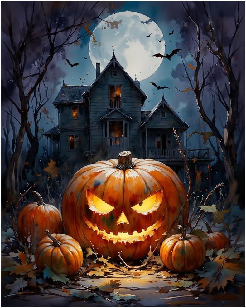 EnLvYY Paint by Numbers Kit for Adults 16x20in, DIY Acrylic Painting on Canvas, Halloween Pumpkin Scene with Haunted House, Full Moon and Bats, Unframed Beginner Wall Art, Gift for Friends and Family
