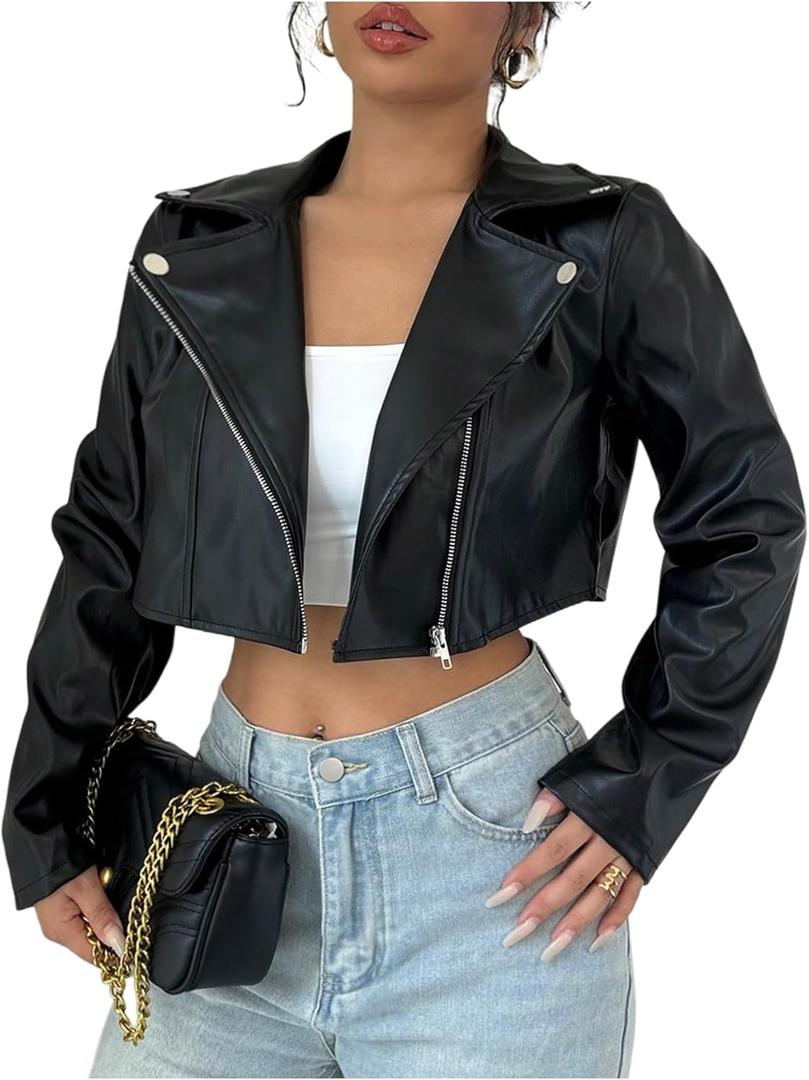OYOANGLE Women's PU Leather Cropped Jacket Zip Up Motorcycle Jackets Coat (X-Large, Black)