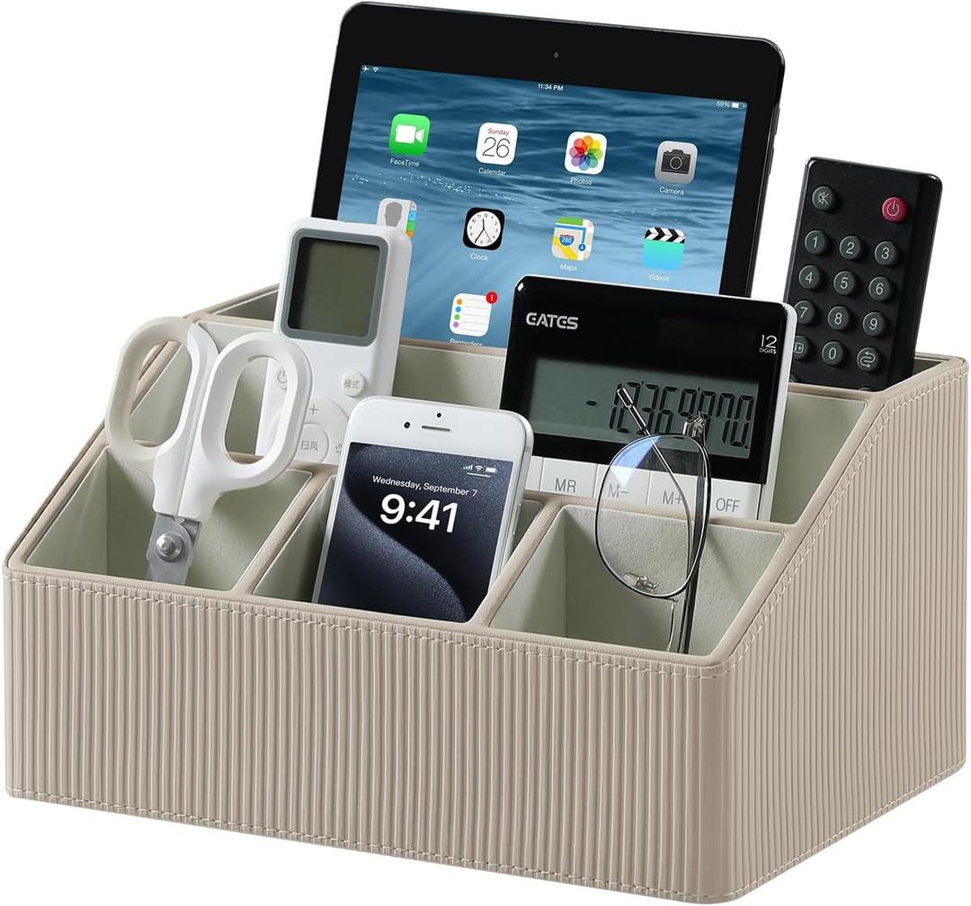 Remote Control Holder with 5 Compartments for Office Art Supplies, PU Leather Nightstand Organizer Pencil Pen Desk Caddy for Home, Desktop TV Remote Control Organizer Storage (Striped Beige)