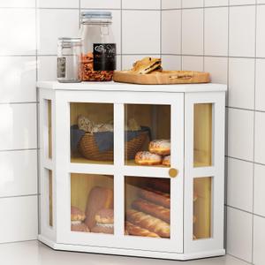 HOLTICO Bamboo Corner Bread Box for Kitchen Countertop, 2 Tier Bread Storage for Homemade Bread with Acrylic Door, Large Kitchen Counter Storage Bread Bin, White