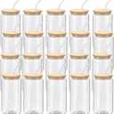 YOUKE OLA 20 Pack Glass Cups with Bamboo Lids and Glass Straw 16oz Beer Can Shaped Drinking Glasses Cups, Glass Tumbler Reusable Cute Cups for Whiskey, Iced Coffee, Tea, Soda, Cocktail, Gift, Clear