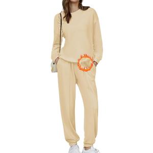 HOTOUCH Fleece Sweatsuit 2 Piece Outfit Winter Sherpa Lined Tracksuit Warm Up Suits Thick Sweatshirt and Sweatpants Sets (X-Large, Beige)