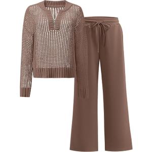 ANRABESS Womens 2 Piece Outfits 2026 Fall Crochet Knit Half Zip Sweater Top Wide Leg Pant Travel Matching Sets Lounge Clothes (Medium, Brown)