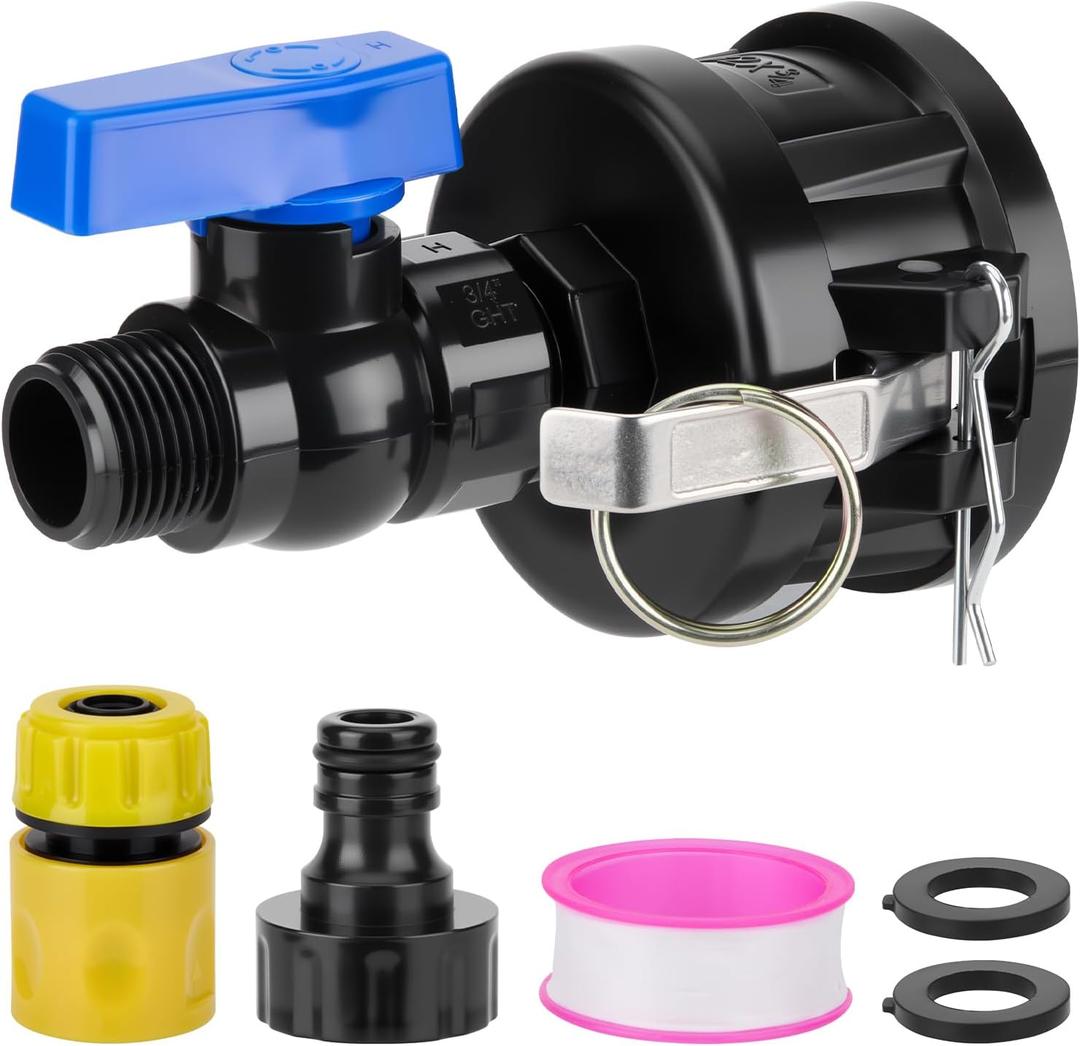 IBC Tote Hose Adapter Kit, 2" Cam Lock fittings for 275-330 Gallon Tank, IBC Tote to Garden Water Hose Adapter with Garden Hose Quick Connector, Plastic Shut Off Ball Valve(3/4" Female Male GHT)
