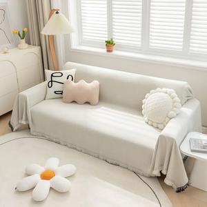 Foreate Chenille Sofa Cover Couch Cover with Tassels for L Shaped Sofa - Sofa Blanket Furniture Protector Dog Blanket Machine Washable Couch Cover for Pets Kids Dogs, 71’’ x 134’’, White-Tassel
