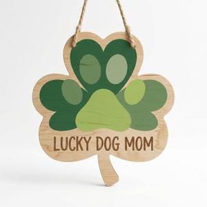 Wooden Shamrock Door Sign - 12 inch Four Leaf Clover Wall Hanging Decor, Rustic Farmhouse Lucky Home Sign for Front Door, Porch, Living Room Wall Art & Housewarming Gift (DOG)