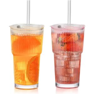 20oz Ribbed Glass Cups with Lids and Straws, Vintage Glass Tumbler with Straw, 2 Piece Iced Coffee Cups Set, Thicked Wall Drinking Glasses Ideal for Coffee, Smoothies, Juices Matchas (clear-2 pack)