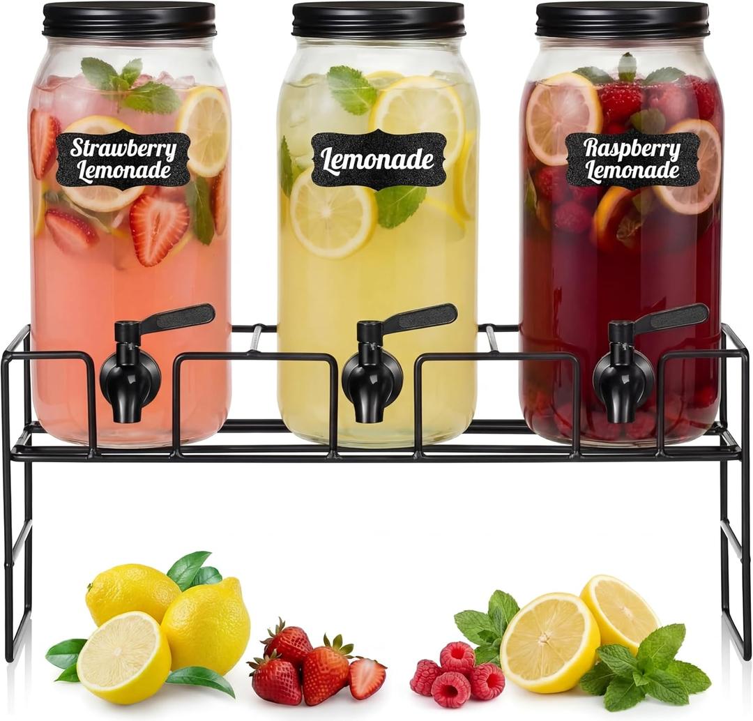3 Pack 80 oz Glass Beverage Dispenser with Stand Clear Mason Jar Water Dispenser for Party, Fridge Includes Leakproof Stainless Steel Spigot, Black Lid and Label(Black)