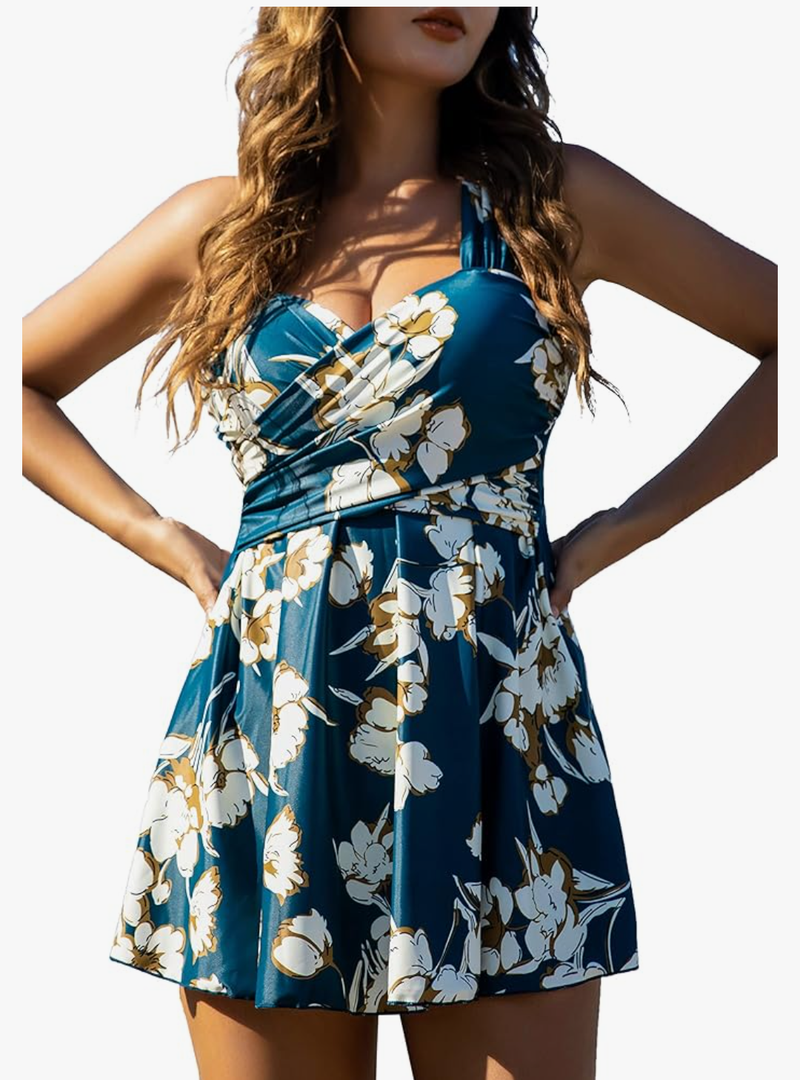COCOPEAR Women's Elegant Crossover One Piece Swimdress Floral Skirted Swimsuit 2XL
