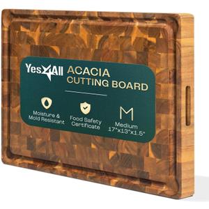 Yes4All Durable Acacia Cutting Boards for Kitchen, [17''Lx13''Wx1.5 Thick] Medium End Grain Cutting Board, Pre Oiled Wood Cutting Boards, Thick Chopping Board w/Juice Grooves and Easy Grip Handle