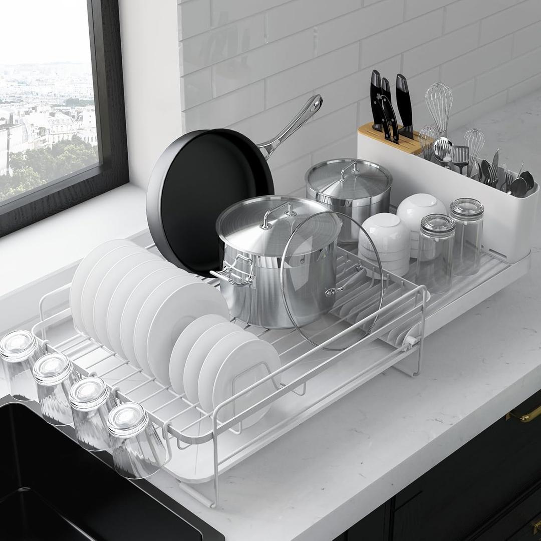 Kitsure Large Dish Drying Rack - Extendable Dish Rack, Multifunctional Dish Rack for Kitchen Counter, Anti-Rust Dish Drainers with Cutlery & Cup Holders 19.2"-26.7" L x 12.9" W, White
