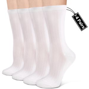Compression Crew Socks for Women Thin Lightweight (15-20 mmHg) for Athletic Nurse Circulation Support Socks, 4 Pairs (Large-X-Large, 03- White)