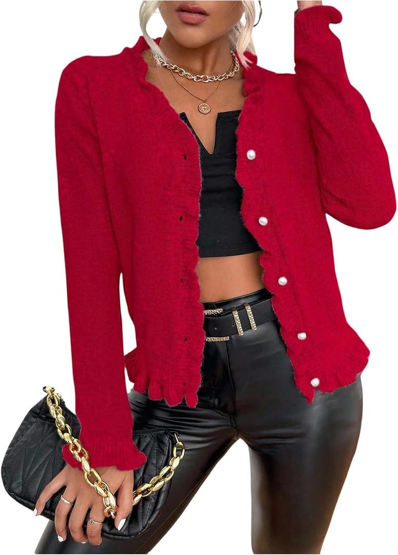 Verdusa Women's Ruffle Trim V Neck Button Down Long Sleeve Knit Cardigan Sweater Medium