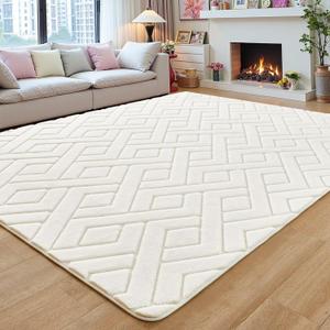Flagover 5x7 Cream White Washable Area Rug for Bedroom Living Room, Modern Geometric Shag Non-Slip Rugs, Fluffy Plush Soft Memory Foam Carpet for Kids Girls Room Nursery Decor