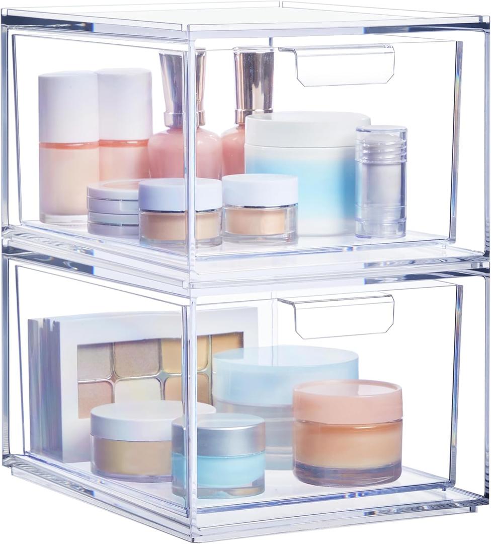 STORi Audrey Stackable Clear Bin Plastic Organizer Drawers | 2 Piece Set | Organize Cosmetics and Beauty Supplies on a Vanity | Made in USA (4.5" Tall)