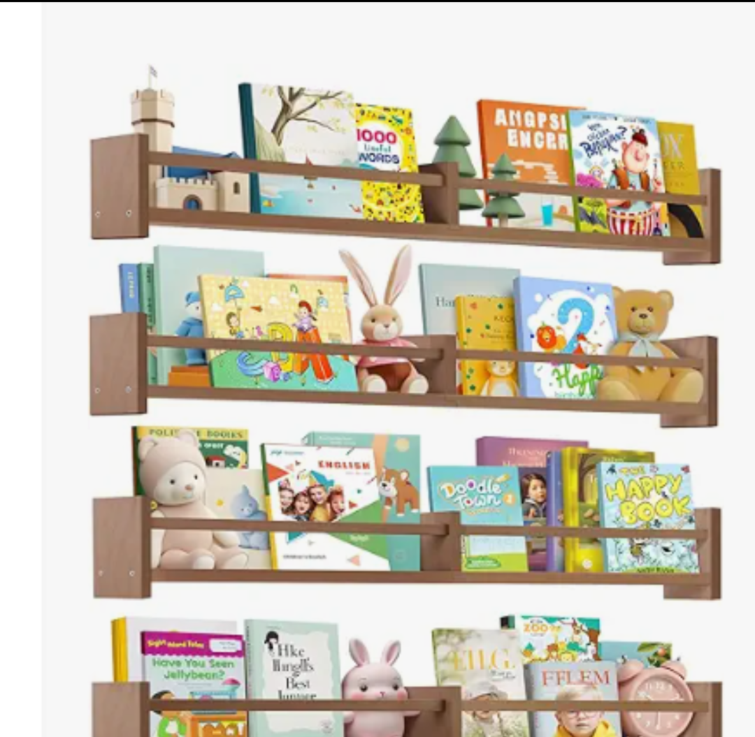 Dixryaus 34Inch Nursery Book Shelves Wall Mounted, Floating Book Shelf for Kids Coat Rack with 6 Hooks, Wall Hanging Shelf for Baby Nursery Room Organizer ，Patent Number:USD1058229S(4, Light Brown