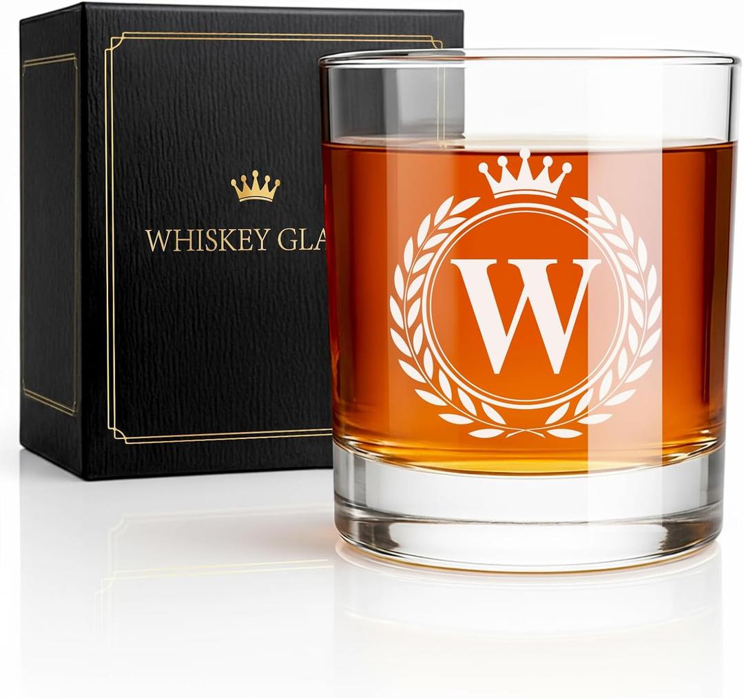 Fathers Day Personalized Whiskey Glasses Gifts for Men, Rocks Old Fashioned Glass, Monogrammed A-Z 10.3 oz Whisky Glasses, Birthday Gift for Him Dad Father Husband Brother Son (W)