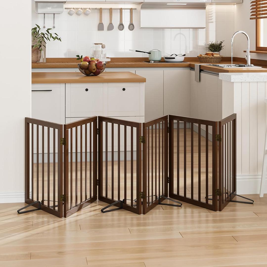 Wooden Dog Gate Freestanding Foldable 6 Panel Pet Gates Extra Wide Dog Gates for Indoor Doorways Stairs 24in Height Support Feet Included