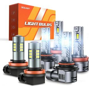 SEALIGHT 9005/HB3 H11/H9/H8 Light Bulbs Combo and F1 H11 LED Fog Light Bulbs 66,000LM Ultra-Bright 6500K 9005 H11 Bulbs with 14000RPM Cooling Fan, 360 Illumination, True Plug-N-Play, Pack of 6