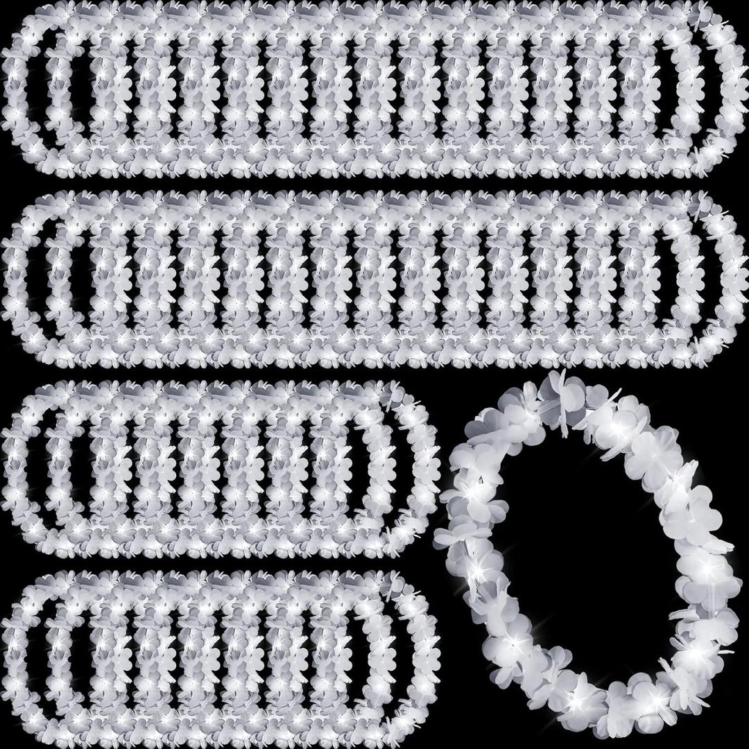 Sherr 48 Pcs LED Hawaiian Leis Light up Flower Leis Necklace with LED Lights Luau Flowers Necklaces for Masquerade Beach Wedding Tropical Themed Party Supplies(White)