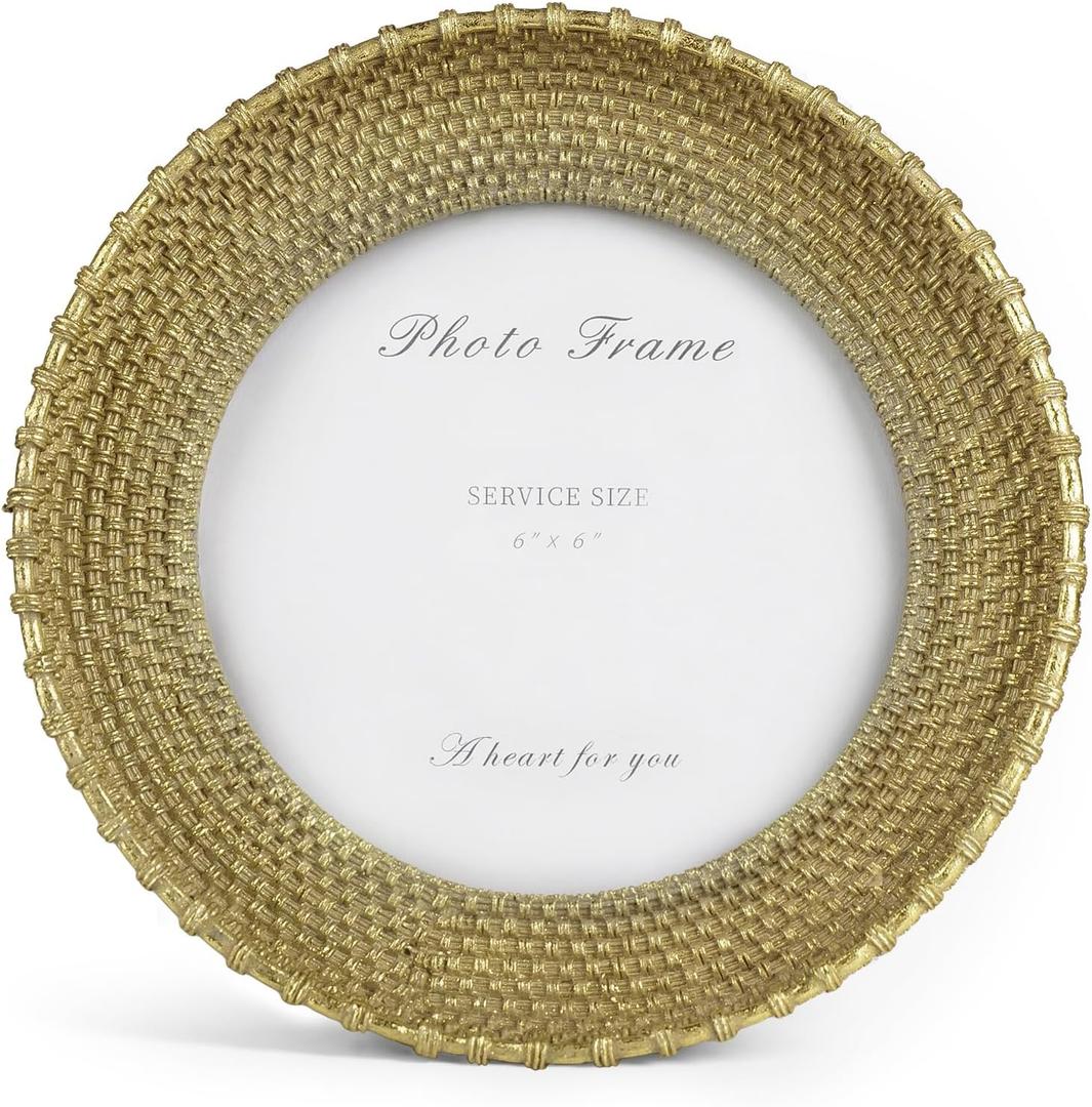 Cuspin Vintage Gold Picture Frame 6x6 Round Frame, Rattan Textured Hand-Crafted Resin Photo Frame with Glass Front, 6 inch Circle Frame for Tabletop Display & Wall Hanging, Retro Design Home Decor