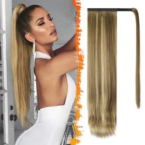 BARSDAR Medium Brown Highlight Straight Wrap Ponytail Extension - 26 Inch Long Straight Wrap Around Ponytails for Women, Synthetic Clip in Ponytails Extensions Balayage Pony Tails Hairpieces (Ash Medium Brown & Bleach Blonde)