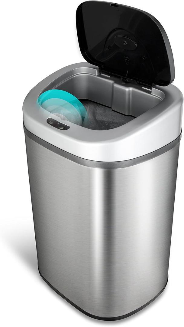 NINESTARS Automatic Touchless Infrared Motion Sensor Trash Can with Stainless Steel Base & Oval, Silver/Black Lid, 21 Gal